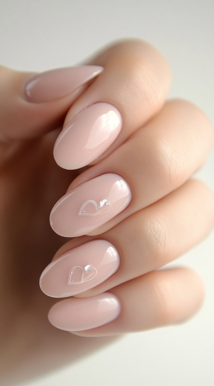 A close-up of oval nails painted in sheer pink with delicate white outlined heart designs on two nails.