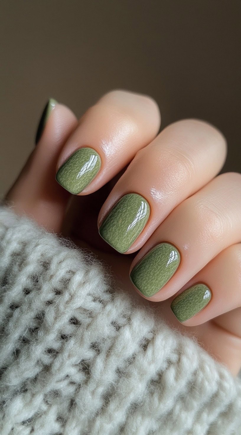 Short, round nails painted in a matte-textured matcha green polish, styled with a soft knitted sweater.