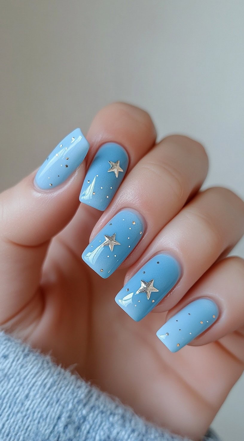 A hand with glossy sky blue square nails, embellished with silver star charms and tiny gold dot accents.