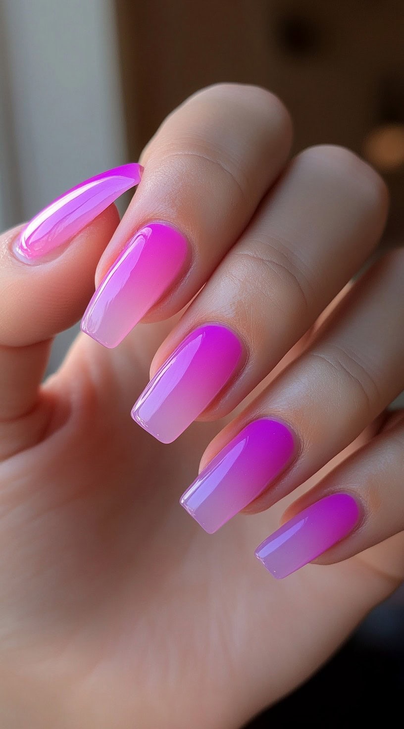 Coffin-shaped nails with a seamless pink-to-purple ombre gradient and a high-gloss finish.