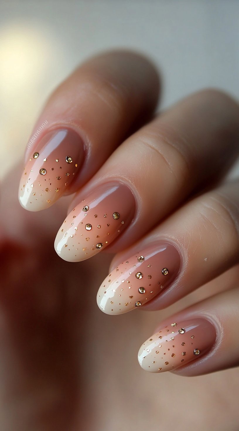 Rounded almond nails with a soft brown to cream-pink ombre base and scattered golden glitter dots.
