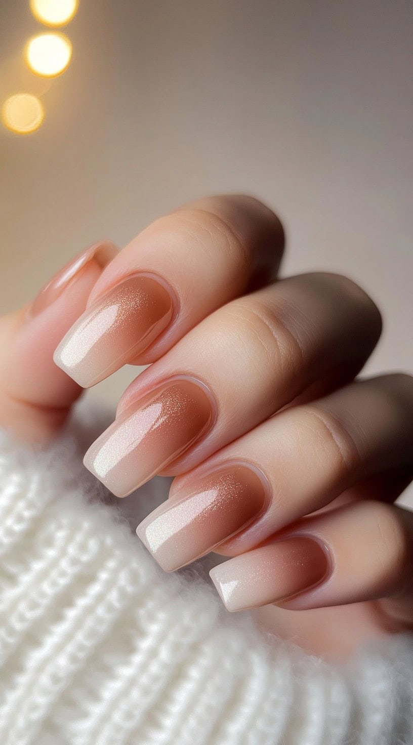 Square nails with a gentle nude to mocha ombre finish and a subtle pearly shimmer.