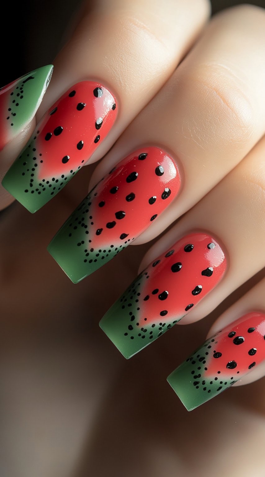Square-shaped nails with a red-to-green ombre gradient mimicking watermelon colors, finished with black seeds.