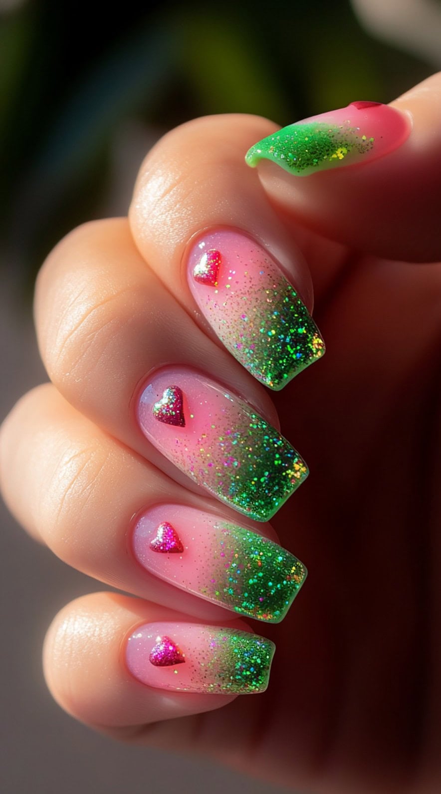 A hand with square-shaped pink and green glitter ombre nails featuring small 3D pink heart charms.