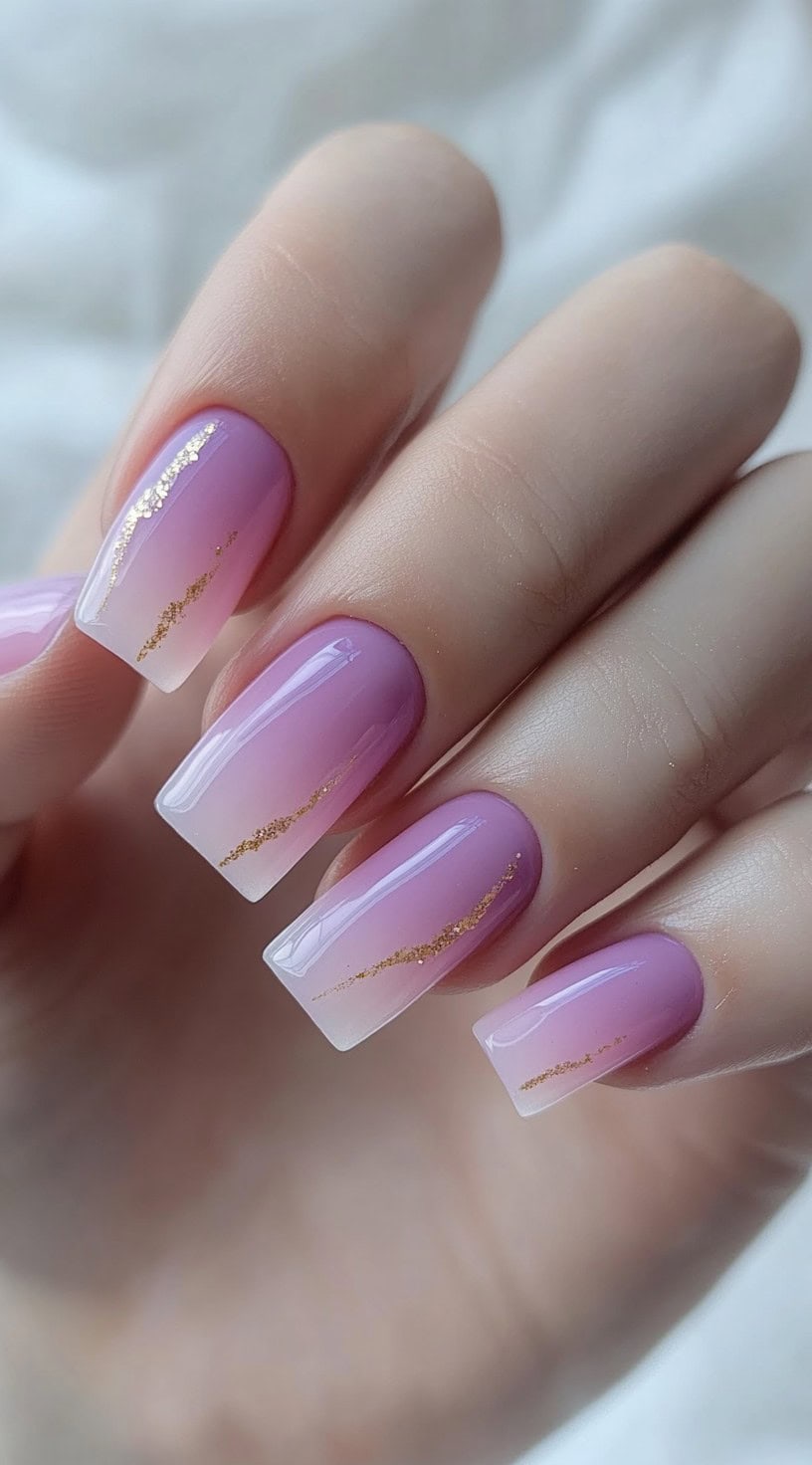 Square-shaped nails with a lavender-to-pink ombre and thin diagonal streaks of gold foil for accent.