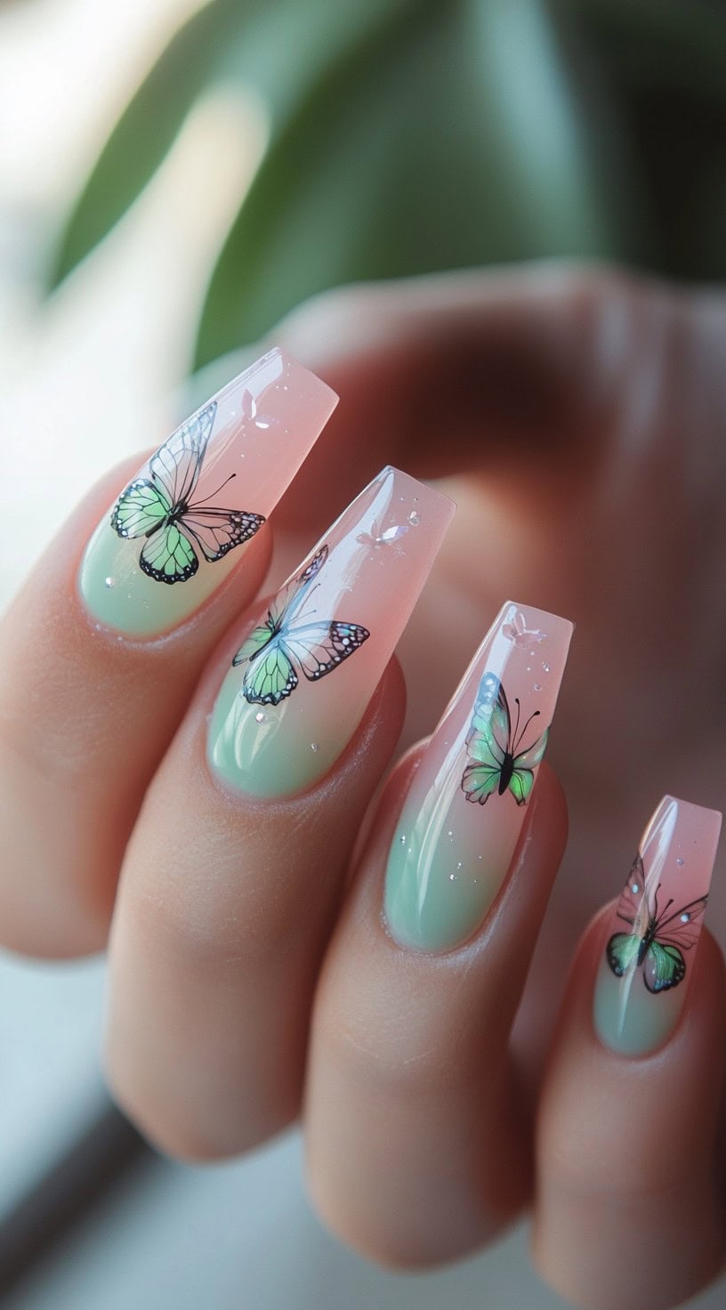 A hand with square nails in pink and green ombre featuring detailed butterfly stickers.