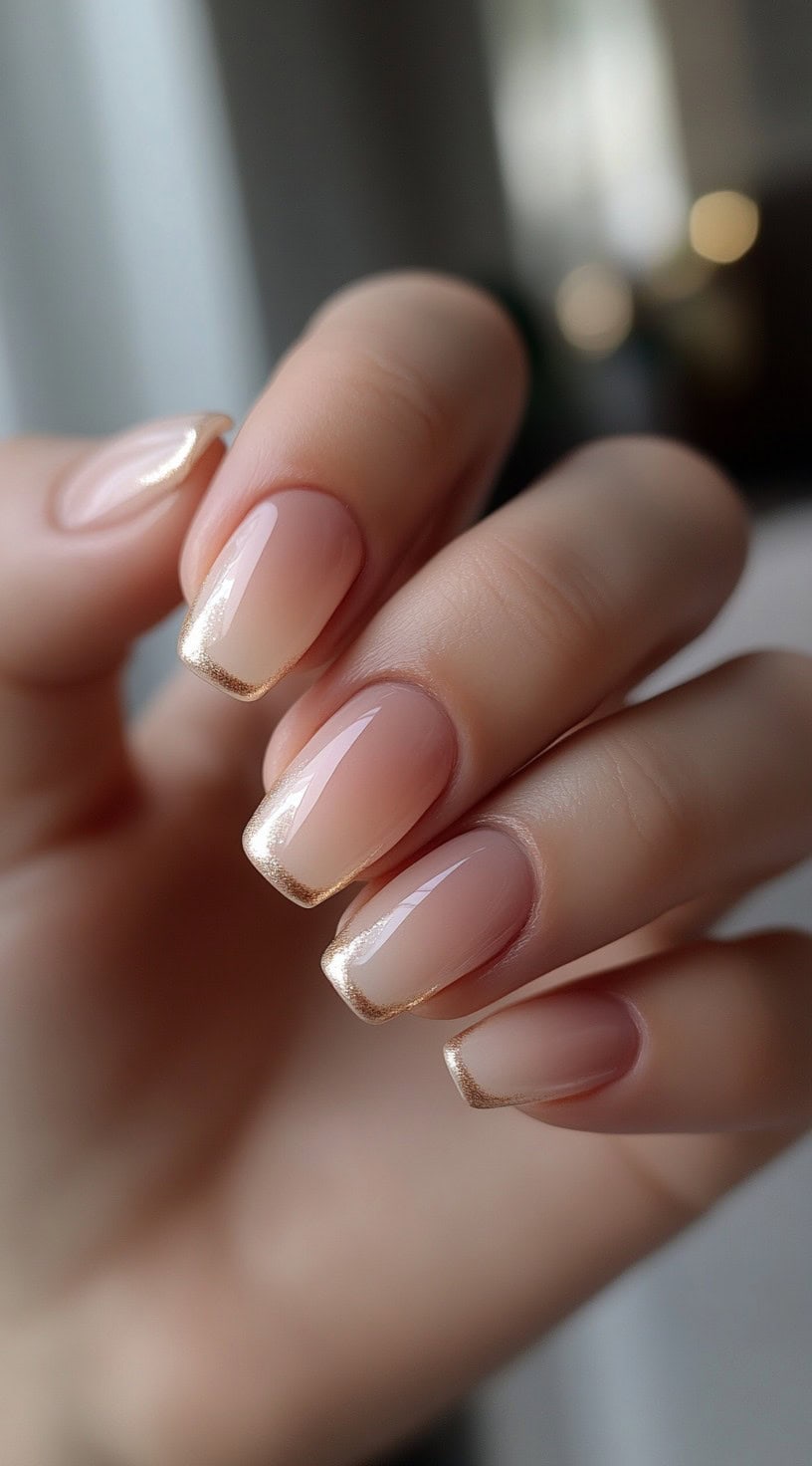 Square nails show a subtle pink-to-brown ombre with delicate metallic gold French tips.