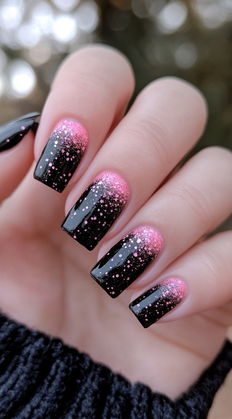 Square-shaped nails with a soft pink to black ombre blend and a fine layer of micro-glitter over the surface.