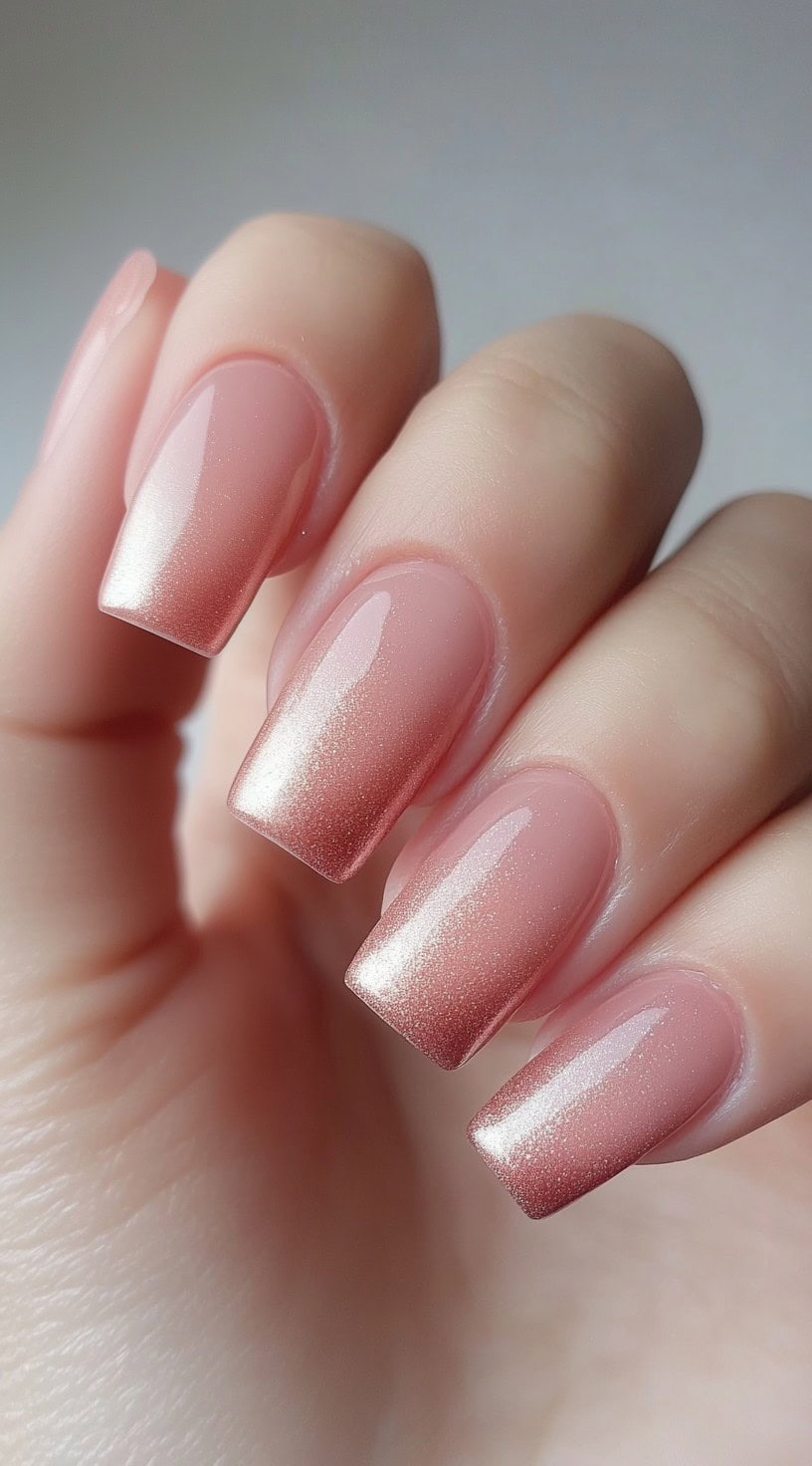 Square-shaped nails with a soft pink to shimmery brown ombre gradient.
