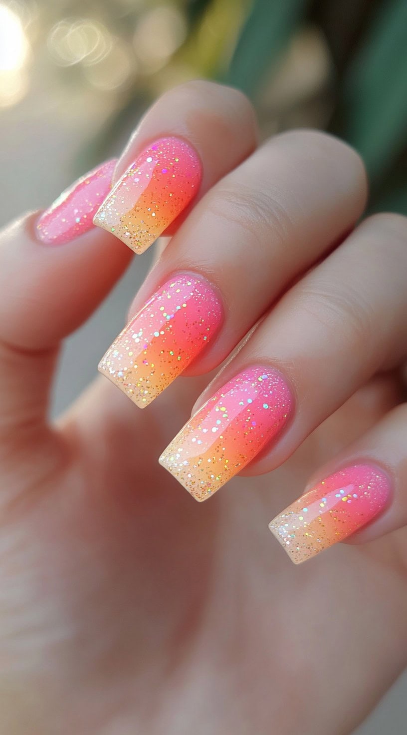 Square nails with a pink-to-orange ombre and glitter accents.