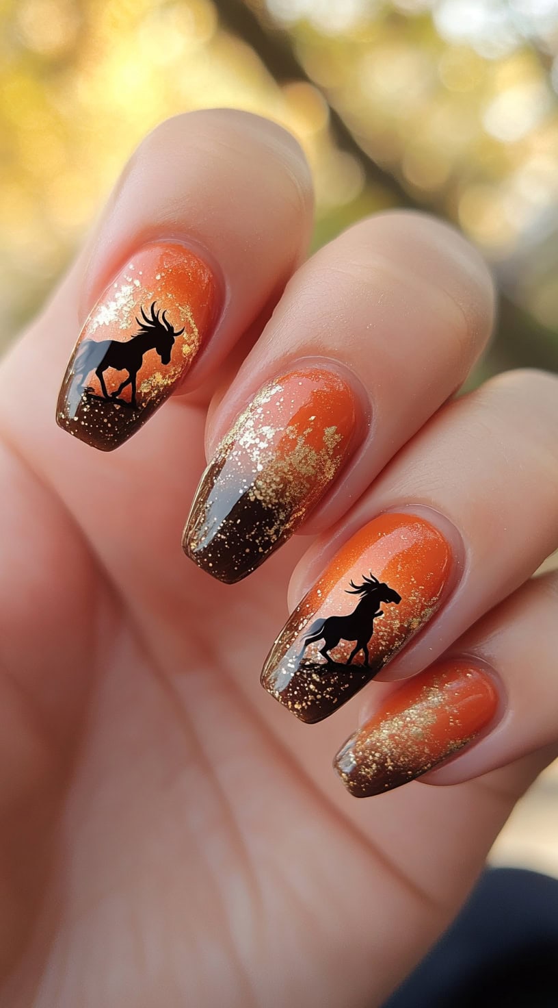 Long, almond-shaped nails with an ombre design blending burnt orange into deep brown, featuring black silhouettes of wild mustangs and gold flecks.