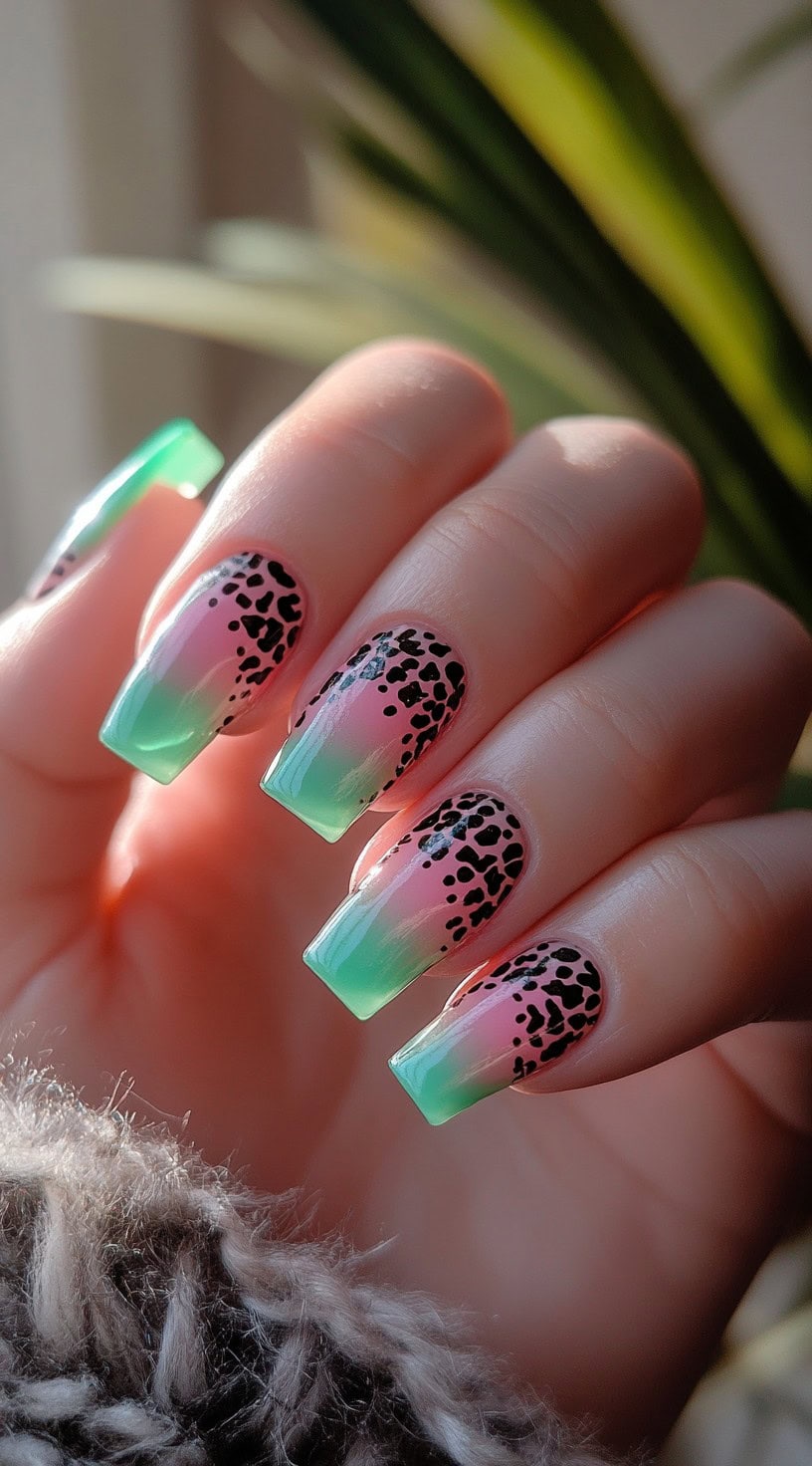 A hand with tapered square-shaped nails featuring a pink to green ombre base and black leopard print accents.