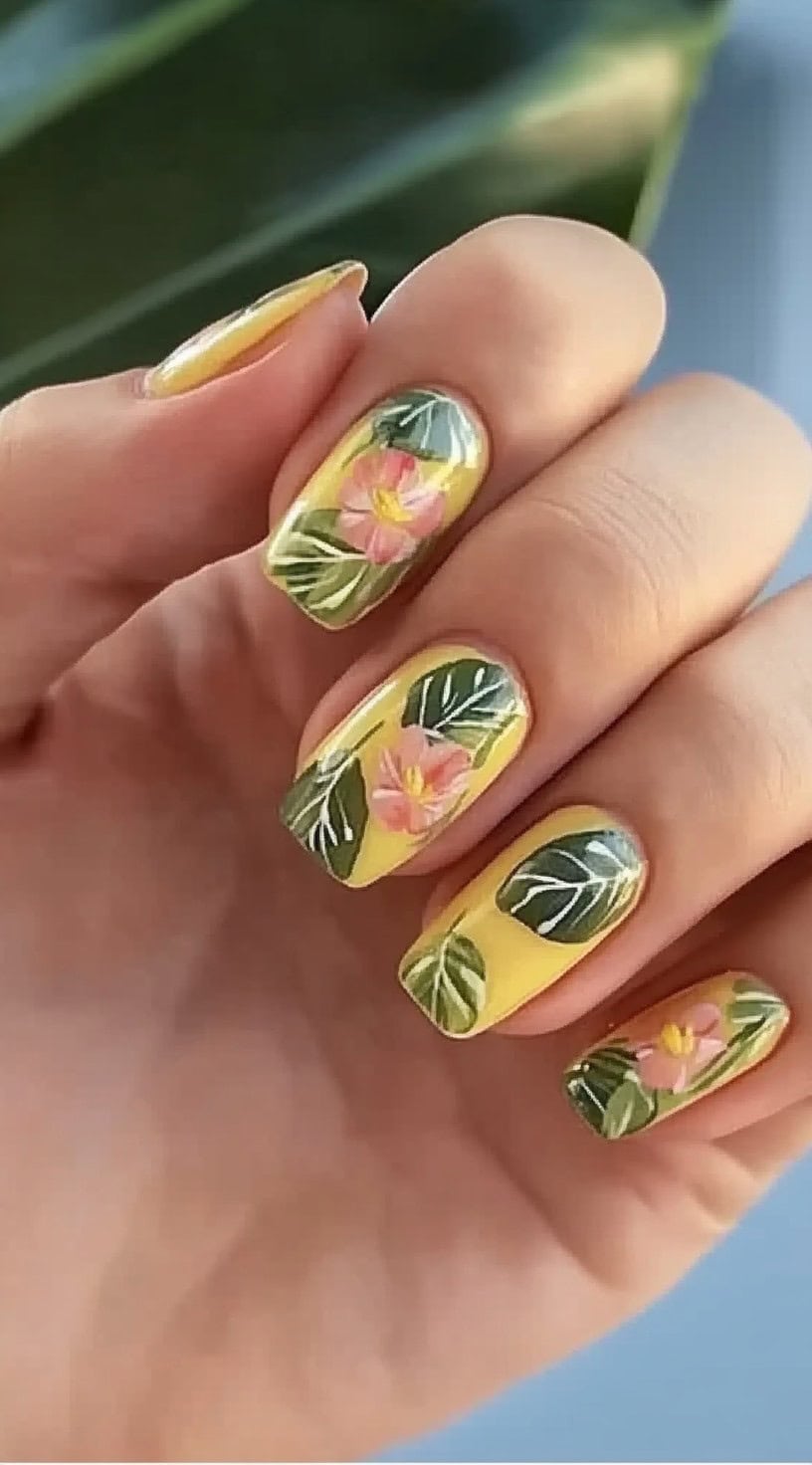 Square-shaped nails with yellow base and painted pink flowers and green leaves.