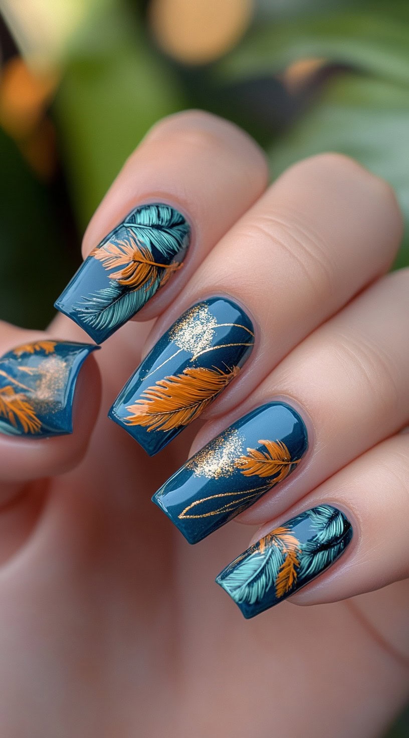 Deep blue square-shaped nails with vibrant orange and teal feather patterns and gold shimmer accents.