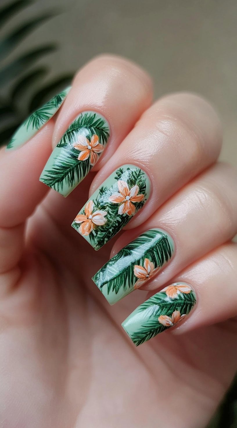 Square nails with light green base, tropical leaf patterns, and peach floral accents.