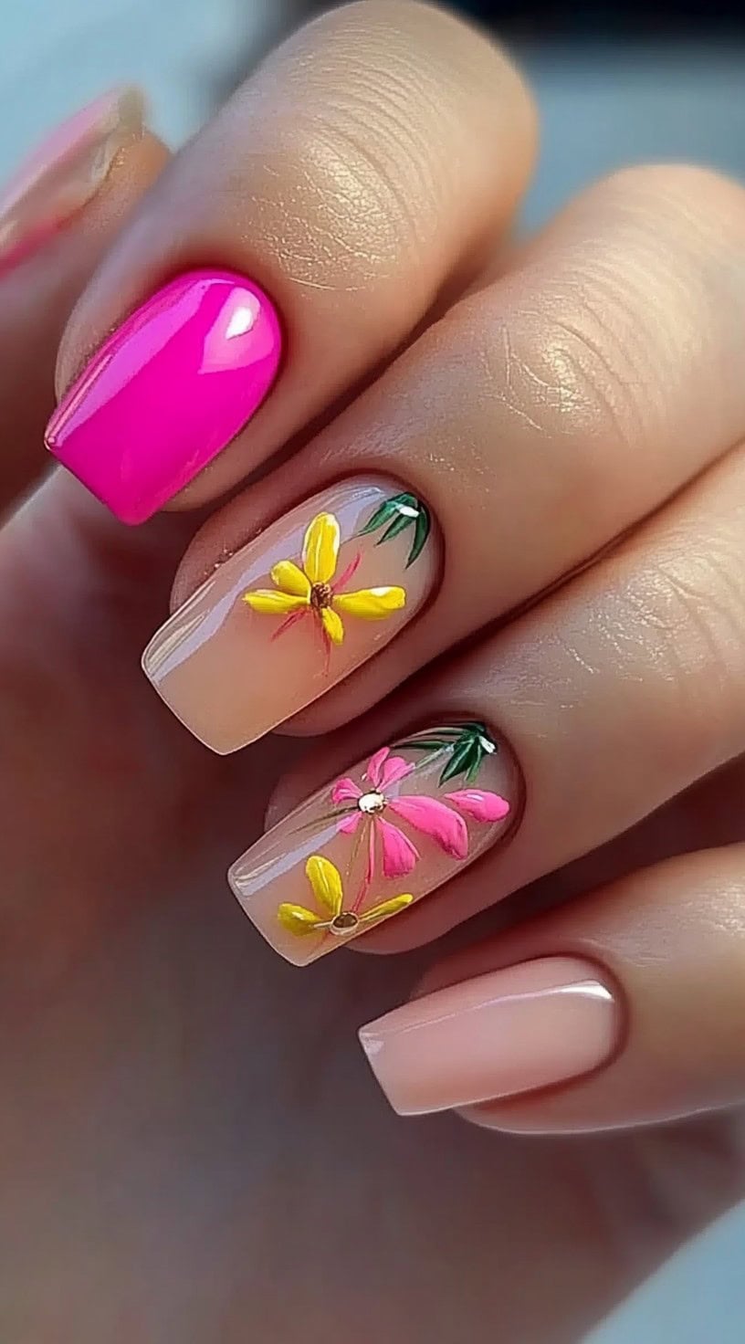 Square nails with a soft nude base, featuring colorful floral accents in hot pink and yellow, and one solid hot pink nail.