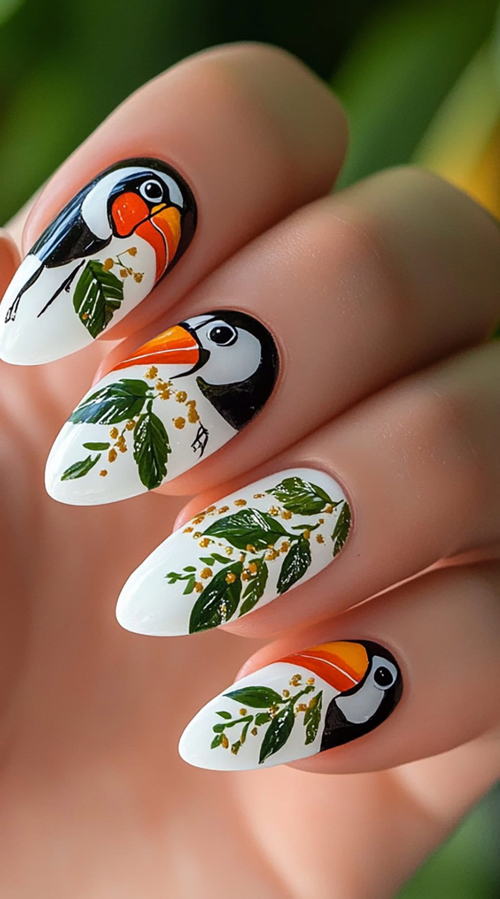 Oval-shaped nails with white base, colorful toucan designs, and leaf accents.