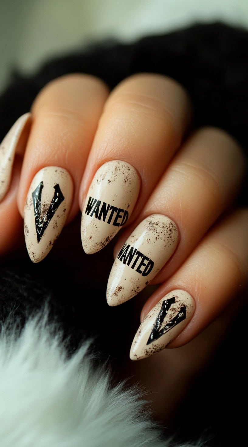 Almond-shaped beige nails with distressed brown speckles and 'WANTED' text in bold Western-style lettering.