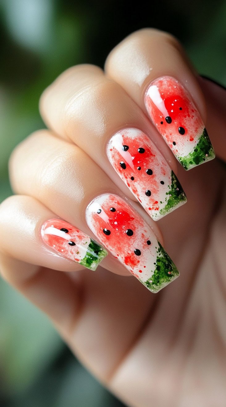 Square nails with watermelon red, green, and white splatter design mimicking fruit texture and seeds.