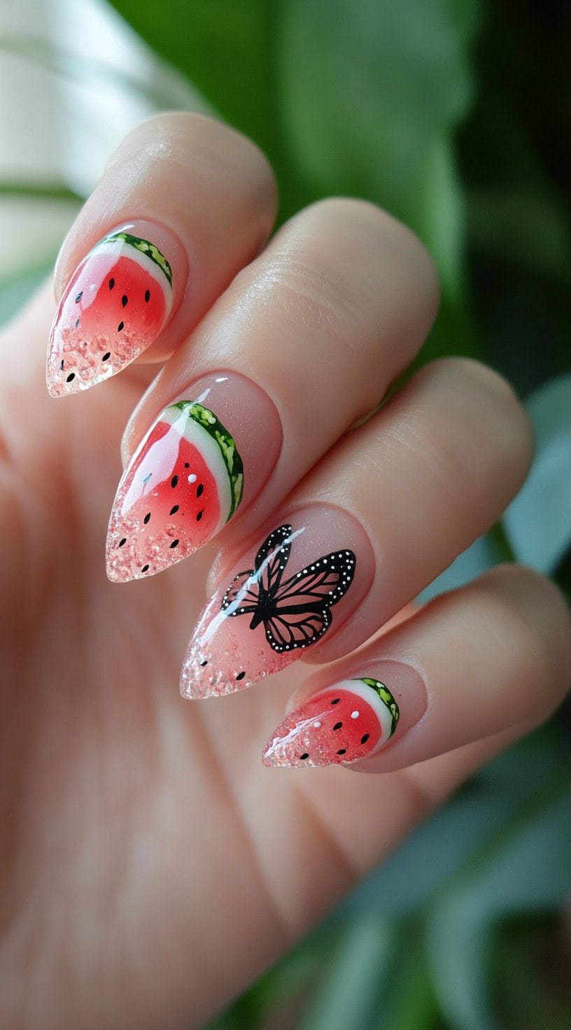 Stiletto nails with watermelon slice art and clear glitter tips, accented with a detailed black butterfly on one nail.