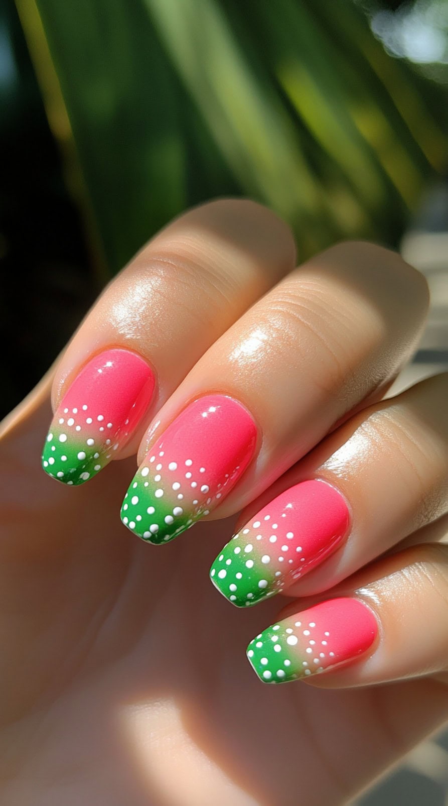 A hand with round pink and green ombre nails featuring white polka dots on the green tips.