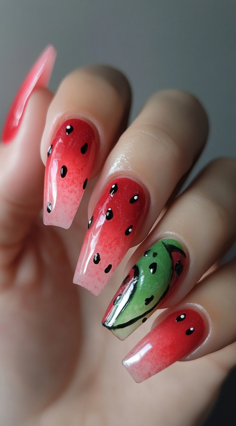 Long coffin-shaped nails featuring a red-to-pink ombre base, black seeds, and a green watermelon slice accent.