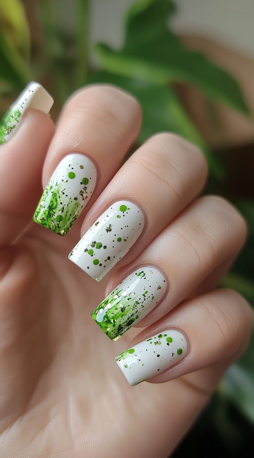 Square-shaped nails with a white base and splattered green and gold speckles in varying intensities across the tips.