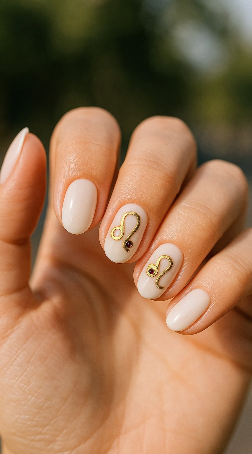 Oval nails painted white with small gold Leo zodiac charms and tiny gemstone embellishments.